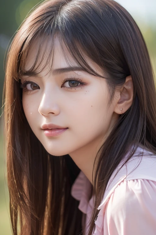 8k, masterpiece, RAW Photos, Highest quality, Realistic, Highly detailed CG Unity 8k wallpaper, Written boundary depth, Cinematic Light, Lens flare, Ray Tracing, (Very beautiful face, Beautiful Lips, Beautiful Eyes), Intricately detailed faces, ((Highly detailed skin), 美少女1人のHighest qualityの写真， 超High resolution， （Realistic：1.4），((8k,masterpiece, Highest quality, High resolution)), 1 girl, (Realistic: 1.4), (masterpiece, Highest quality:1.1), (8k, RAW Photos, Photorealistic:1.4, f22),（Kazuyo Nakamura:1.8）Japanese、Mouth closed, Smile, clean chestnut hair,Long Hair、 Big eyes, Transparent double eyelids, eyelash, Listen carefully, Absolute area, ((Face close-up)), (Draw the whole body), 30 years old, Attractive proportions, Glowing Skin,  Perfect Face, Teardrop-shaped moles,  Small face, Facing forward and looking at the camera、From the buttocks up、actress、Pink blouse showing waist 、Distressed short pants