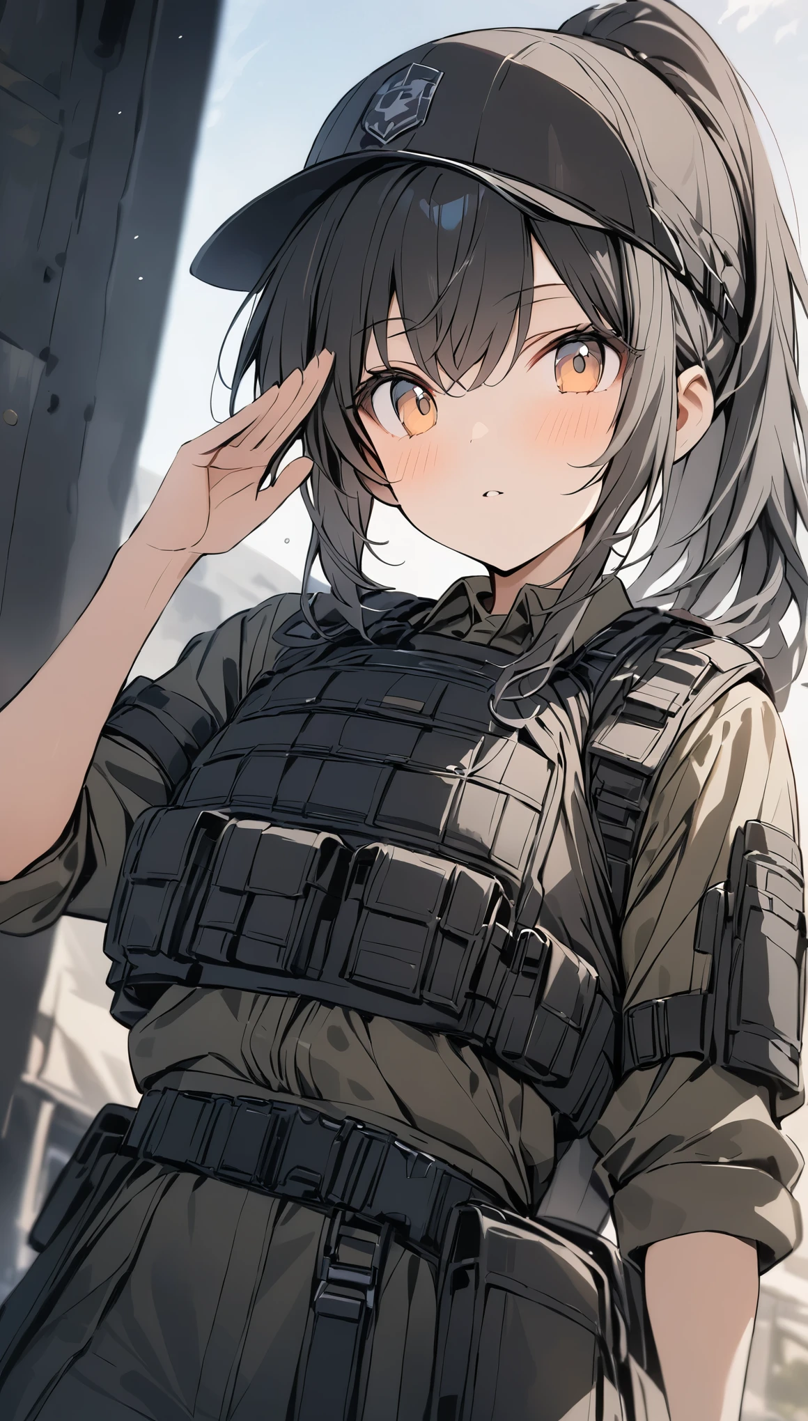 depth of field, Shine, blurry foreground, f/2.8, 35mm, uhd, ((masterpiece)), high quality, super detail, 最high quality, High resolution,(salute:Right hand),Special Forces Girls,ponytail,Bulletproof vest,Black cap