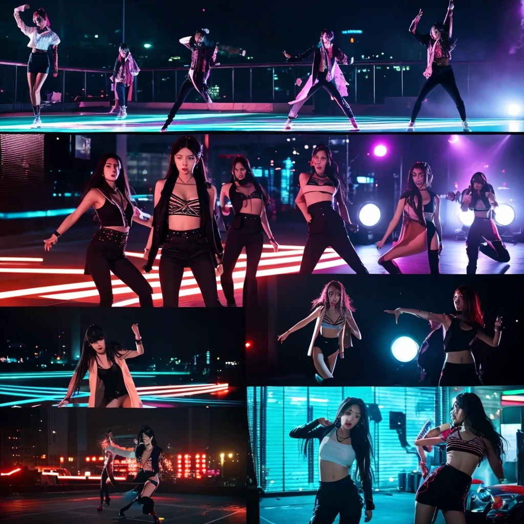 - **Setting:** A stylish rooftop with neon lights.
- **Action:** The members are seen arriving individually, showcasing their unique styles. They greet each other with excitement, and as they come together, the beat drops for the chorus.
- **Dancers:** Female backup dancers join in for the first choreography sequence, featuring synchronized dance moves with fierce expressions. Kpop girl group south koera members music video siren scene in south korea up close