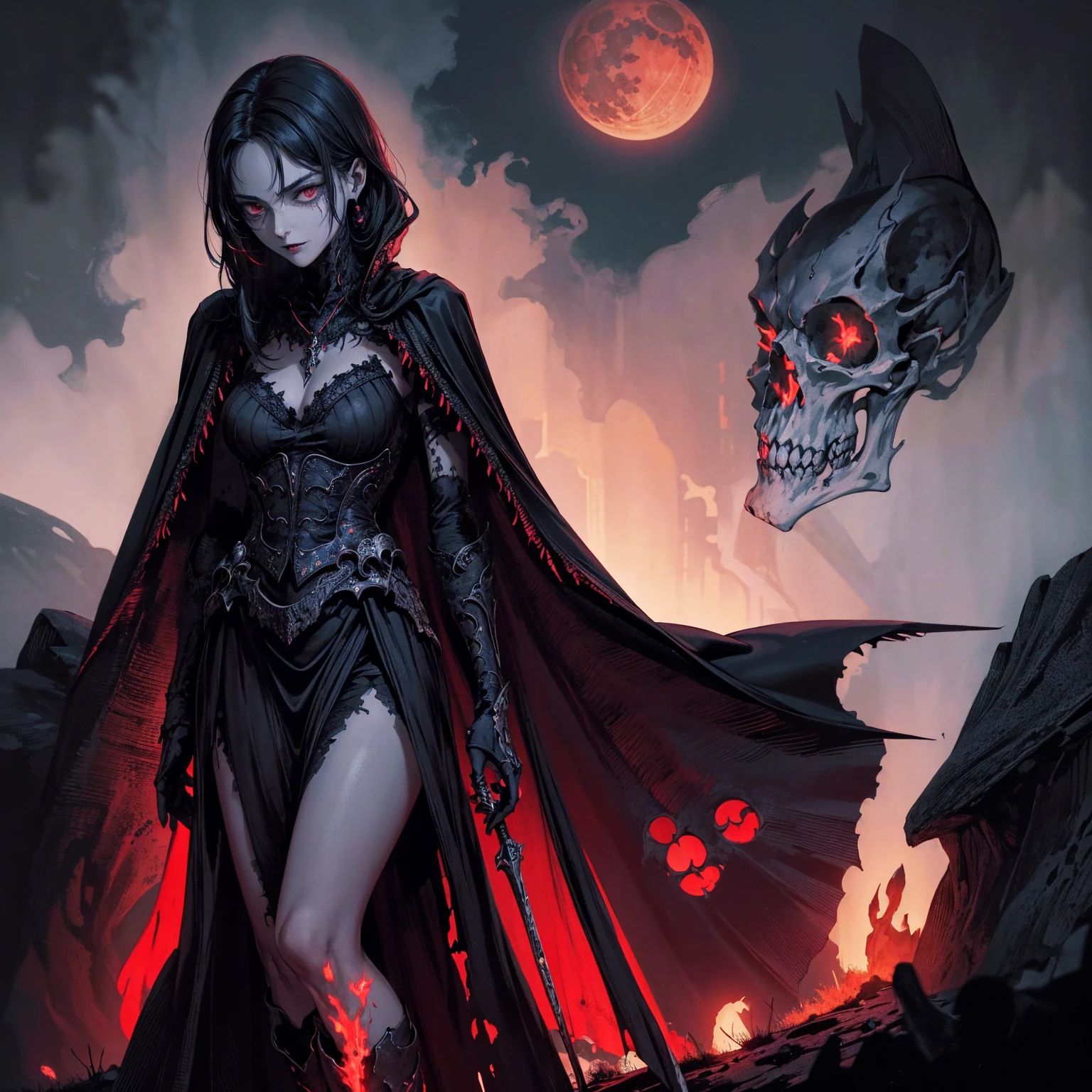 best quality, 4K, high resolution, masterpiece:1.2, Very detailed, actual:1.37, Mood lighting, Female undead half-skeleton skull-face lich in a long cape, Hand and arm has no flesh but only skeleton bones, Wearing a ragged gothic skirt, Aloofness emotion, Dangerous sneer, Beautiful but cruel smile, Black Hair, Standing, Facing the camera, Crucified, Pitch black sky, Blood-red moon, strange atmosphere, Gothic style, Unforgettable beauty, Dramatic shadows, Ethereal Light, Mysterious atmosphere.