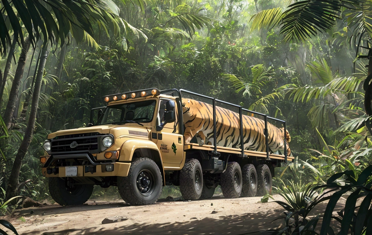 (best quality,4k,8k,highres,masterpiece:1.2),deep jungle, multiple boys exploring amazon, truck, tiger, historical, wide shot, realistic, hyper-realistic, photorealistic,ultra-detailed,(realistic,photorealistic,photo-realistic:1.37),vivid colors,dramatic lighting,