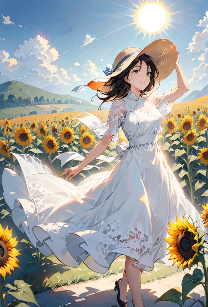 send,1 Girl,Solitary, (White lace dress:1.2),floating dress (Sun hat:1.2), Sunflower fields, under the sun, A faint smile,looking at the audience, wind, Dynamic, Strong light and shadow,Dynamic pose,