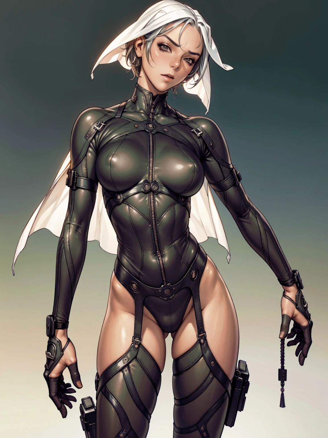 (((Annie Lennox))), ((( transparent suit ))), (((Bandaged body))), ((high collar)), (((Quorra))), (((best qualityer: 1.4))), (Unbeatable masterpiece), (hiper HD),(CG 8k hyper-realistic), (((brave face))), (((breasts big))), (((hyper feminine))), sexly girl, Tron,（black bob hair)), ((( sculptural body ))), (((1 Kizi))), Kizi cibernética de 25 anos com perfectbody,,Beautiful and well-groomed face,muscular body:1.2,solid color detailed jacket, (Head to thigh photos)， Complex equipment, green dark，long pants，Tight clothes are dark，With white stars and off-white stripes,,,,,Armor Metal Electronic Parts, Poison tattoos ) INFO, Kizi, (((standing alone))), pirralha violent, ((())), sexly, pose de atitude, work of art, post-apocalypse, (((manga style))), bounty hunter, violent, Manic, the way you want, slenderbody, thin but strong, perfectbody, roupa moderna, advanced technology, neon, sleeves with vertical striped pattern, neutral background, (( cowboy shot )). intricate visual