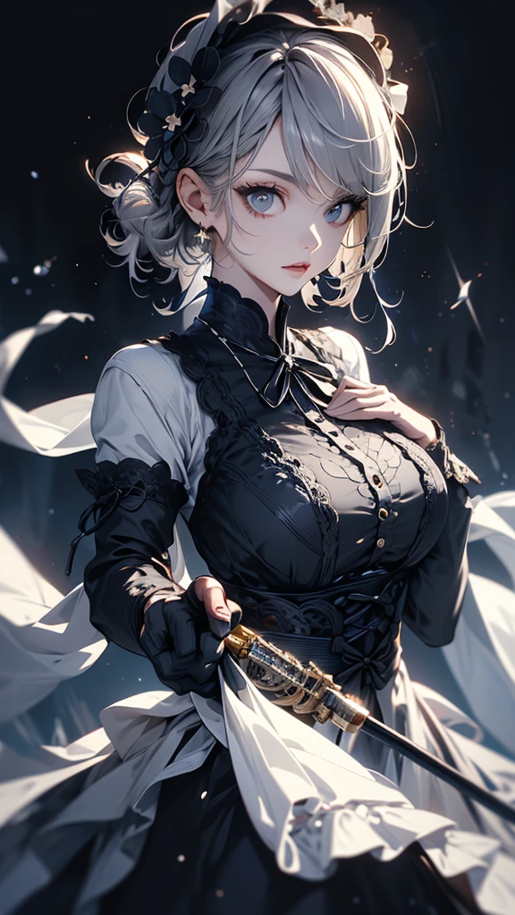 masterpiece, high quality, 4K, Beautiful design, silhouette,Gray Hair, 非常に詳細な夜のStarry Sky,Flower Field, wonderful, Finer details, Very knowledgeable woman, Highly detailed solo, 1 female,Big Breasts,Gothic Lolita Fashion,Hold the fan in front of your chest.,Night view,Starry Sky,full moon,