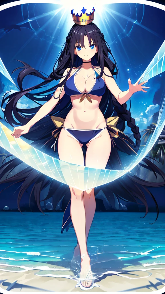 best quality, extremely detailed,anime style girl,long hair down to the waist, straight hair, ((dark black hair with bluish)),((crown braid)),beautiful detailed eyes, pinched eyes, (dark blue eyes),huge breasts,curvy,((((Mystical atmosphere  transparency swimwear)))),clothing with complex patterns,smile,((((beach)))),Sunlight,((Diagonal angle)),((active pose)),amuse oneself