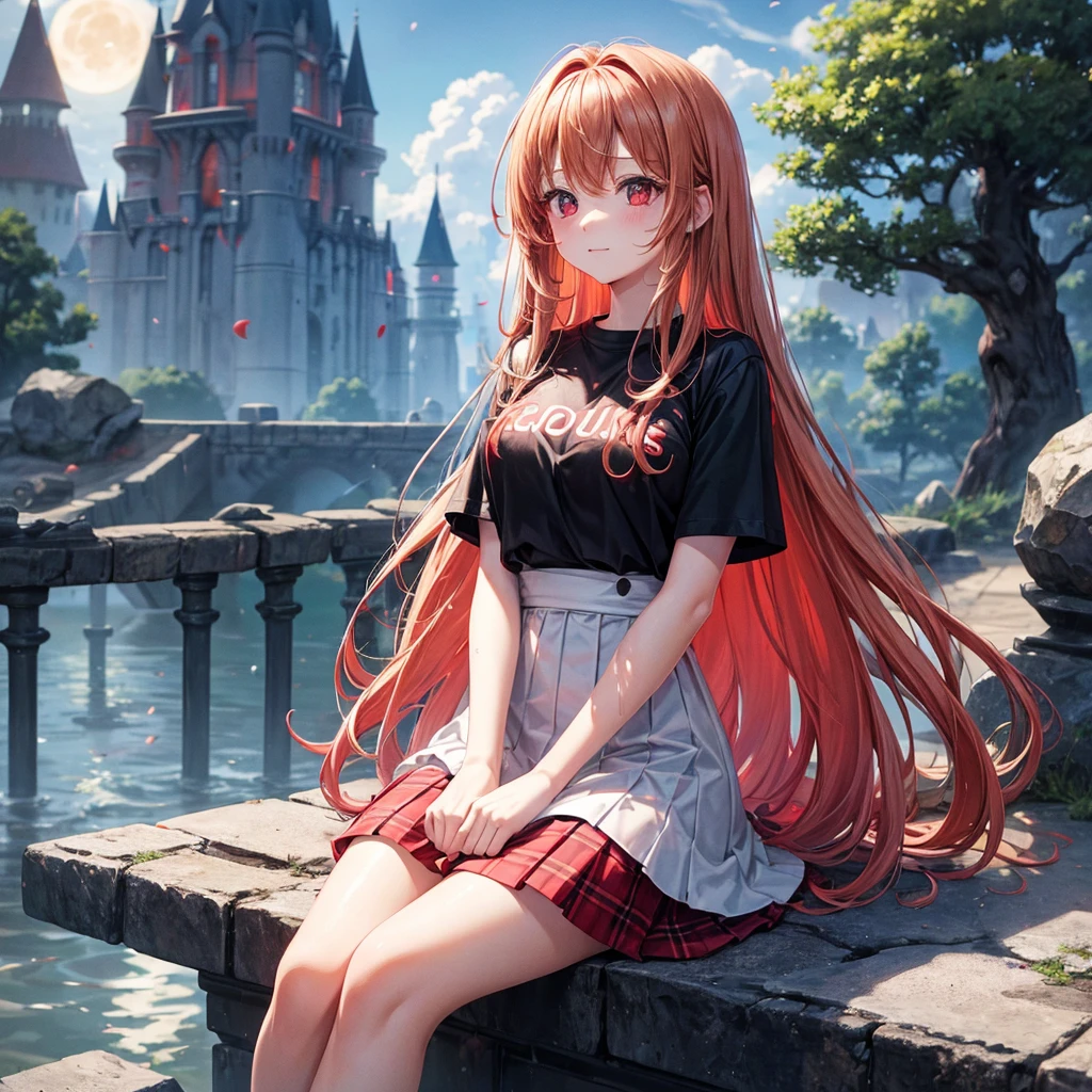 Red-blonde、Red eyes、One cute girl、solo、And soul、Light clothing、Checked mini skirt、petal、Wet hair、Sit on、black t-shirts、large tree、cloud、full moon、monster castle、lanthanum、Hell's Gate、Craft Gatekeeper、barefoot、Stones are piled up、Devil