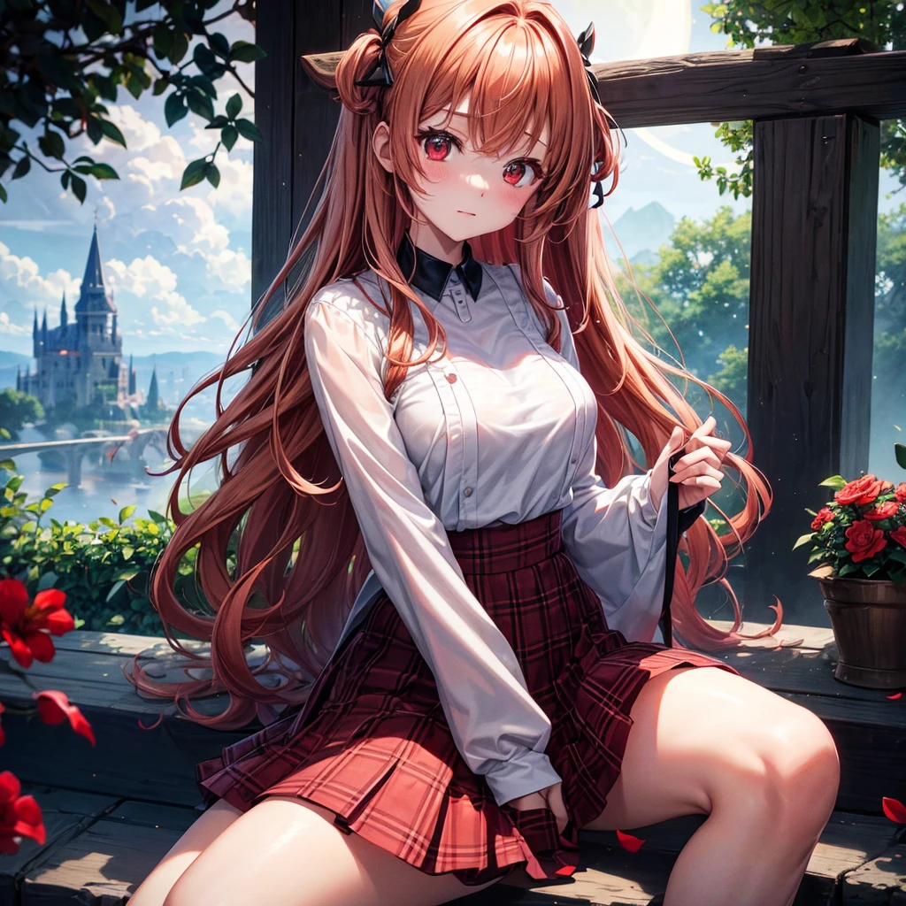 Red-blonde、Red eyes、One cute girl、solo、And soul、Light clothing、Checked mini skirt、petal、Wet hair、Sit on、black t-shirts、large tree、cloud、full moon、monster castle、lanthanum、Hell&#39;s Gate、Craft Gatekeeper、barefoot、Stones are piled up、Devil