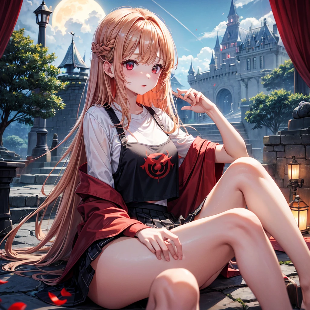 Red-blonde、Red eyes、One cute girl、solo、And soul、Light clothing、Checked mini skirt、petal、Wet hair、Sit on、black t-shirts、large tree、cloud、full moon、monster castle、lanthanum、Hell's Gate、Craft Gatekeeper、barefoot、Stones are piled up、Devil