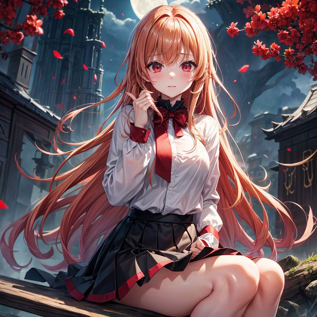 Red-blonde、Red eyes、One cute girl、solo、And soul、Light clothing、Checked mini skirt、petal、Wet hair、Sit on、black t-shirts、large tree、cloud、full moon、monster castle、lanthanum、Hell's Gate、Craft Gatekeeper、barefoot、Stones are piled up、Devil