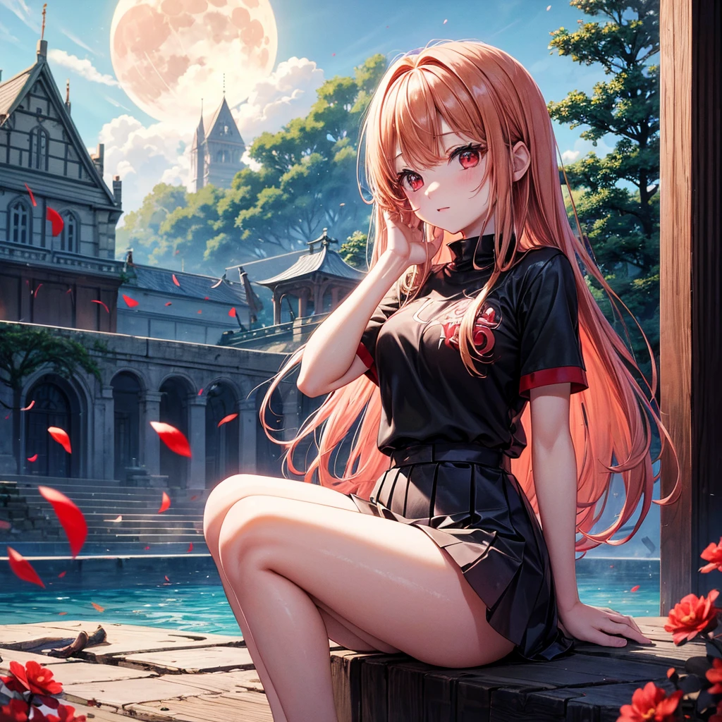 Red-blonde、Red eyes、One cute girl、solo、And soul、Light clothing、Checked mini skirt、petal、Wet hair、Sit on、black t-shirts、large tree、cloud、full moon、monster castle、lanthanum、Hell's Gate、Craft Gatekeeper、barefoot、Stones are piled up、Devil