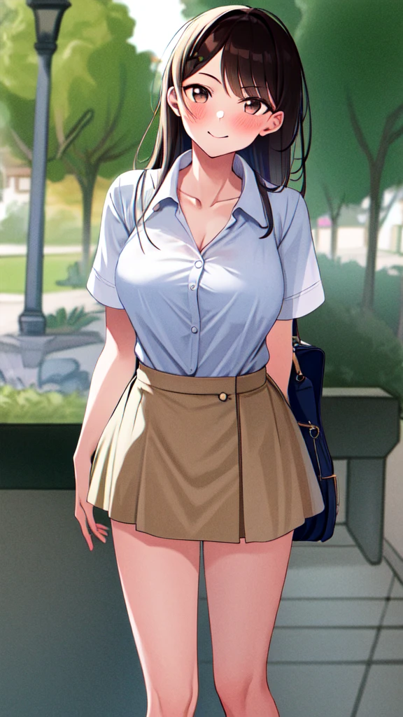 ((best quality)), ((masterpiece)), (details), one girl, sexy ((best quality)), ((masterpiece)), (details), one girl, sexy ((best quality)), ((masterpiece)), (details), one girl, full body, sexy expensive body, expensive, long legs, mature woman, mature, adult, it_nagatoro_main, Hayase Nagatoro, one girl, blushing, alone, uniform polo shirt, short sleeves, black hair,brown eyes, hair accessory, looking at viewer, hair clip, smiling, long hair, dark skinned woman, dark skin, , bangs, daytime, skirt, collared shirt, collarbone, ear clip, mouth closed, tree, asymmetrical bangs, upper body