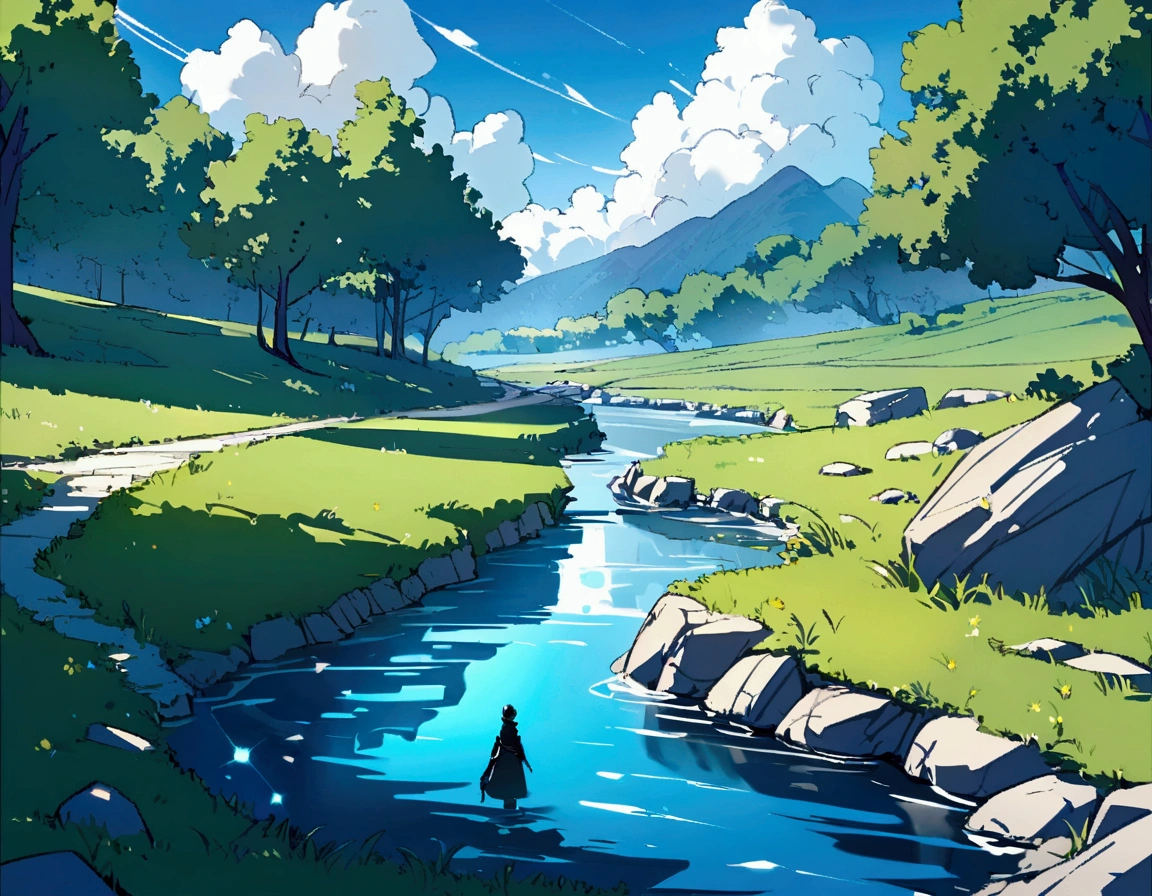 Fantasy,unmanned,background,Beautiful stream,wood々,Bright landscape,Blue sky,White cloud,Light of the sun,Beautiful path,