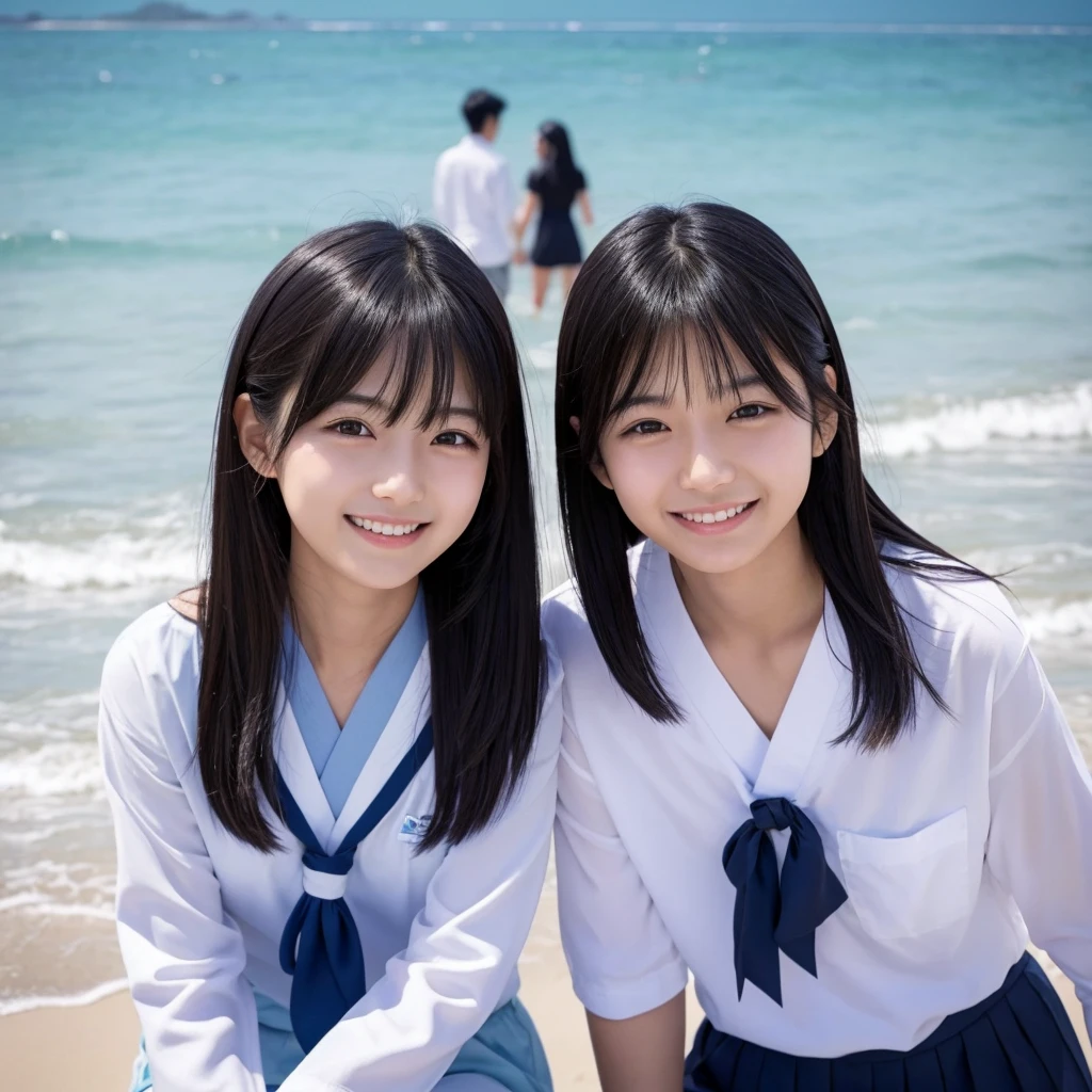 Japanese、men and women、Couple、Black Hair、Good friends between two、uniform、Date、15 years old、cute 、Handsome、beach、smile