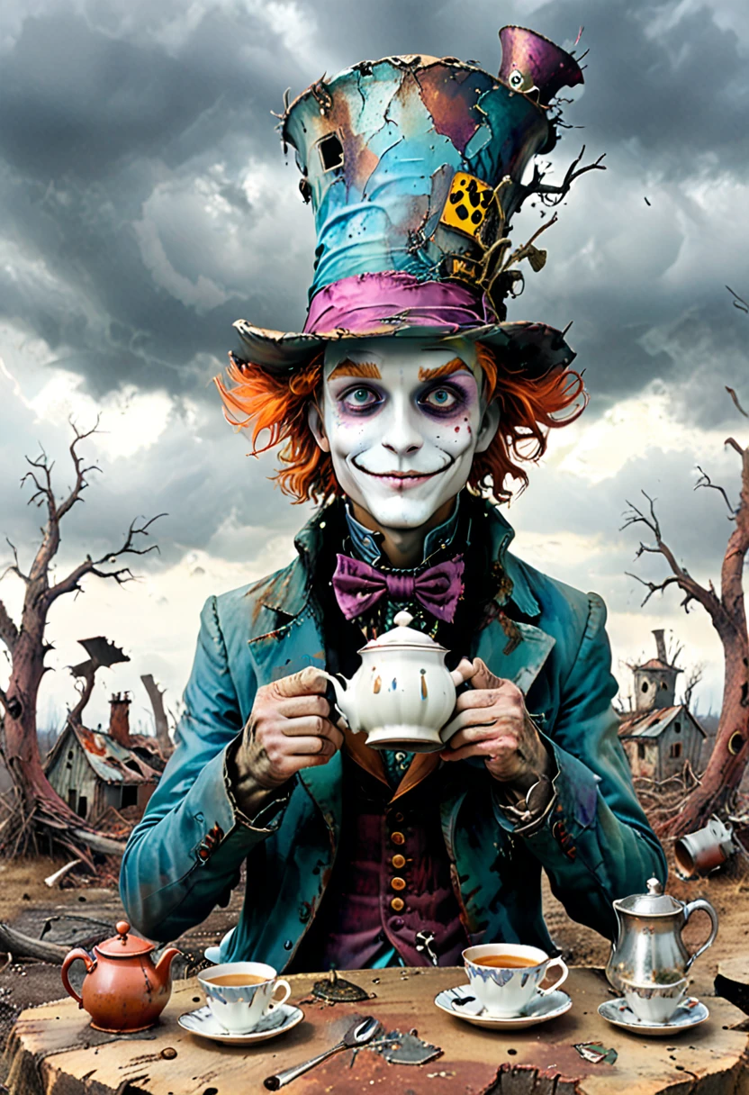 In this scene, the Mad Hatter of "Alice in Wonderland" is portrayed in a state of disorder. Your colorful, mismatched costume is tattered and dirty, and his iconic hat is worn and threadbare. He sits at a table set for tea , but the cups and saucers are cracked and chipped, and the teapot is rusty and dented. The background shows a post-apocalyptic landscape, with ruined and twisted buildings, dead trees. The sky is gloomy, gray color, without any sign of life or hope. Despite the desolation of its surroundings, the Mad Hatter wears a melancholy smile, as if remembering better days that are long gone