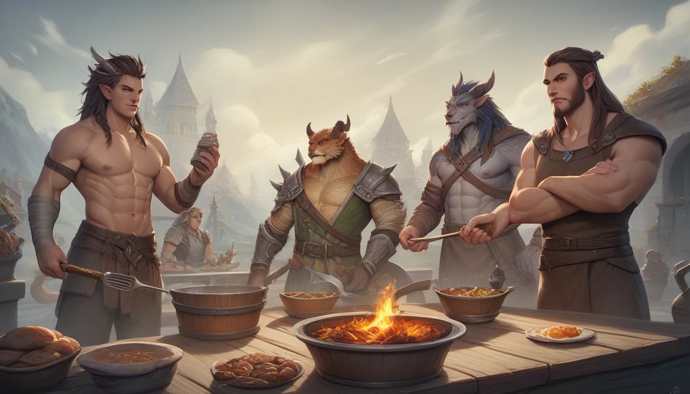 group of savages cooking the body of a beast on the fire, epic Art of RPG, dungeons and dragons artwork, Arte de RPG, dungeons and dragons art, arte de fantasy de masmorras e dragões, d & of fantasy art, dungeons and dragons art, fantasy d & arte d, High quality DND illustration, Arte de RPG, hyperrealistic d & of fantasy art, dnof fantasy art