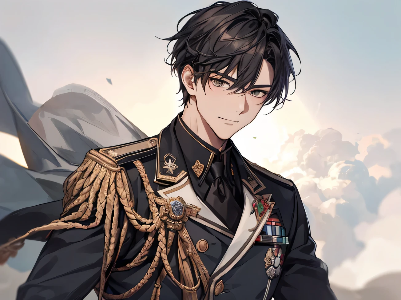 male,masterpiece,Face Focus,Face close-up,Dynamic Angle,Laugh a little,Upper Body, ((masterpiece: 1.4, Highest quality)), One male,Black hair male,masterpiece,Alone in military uniform, Male in military uniform, Battlefield Gun,,Smoke and dust rose into the air, Add drama to an ongoing conflict