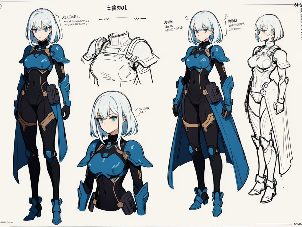 A girl wearing a lightly armored bodysuit, Sci-Fi Theme, breastplate, Shoulder Armor, Gundam,Master Parts, Highest quality, Official Art, Sketch Line Drawing, Eye Blue, Character front、back、Side view,