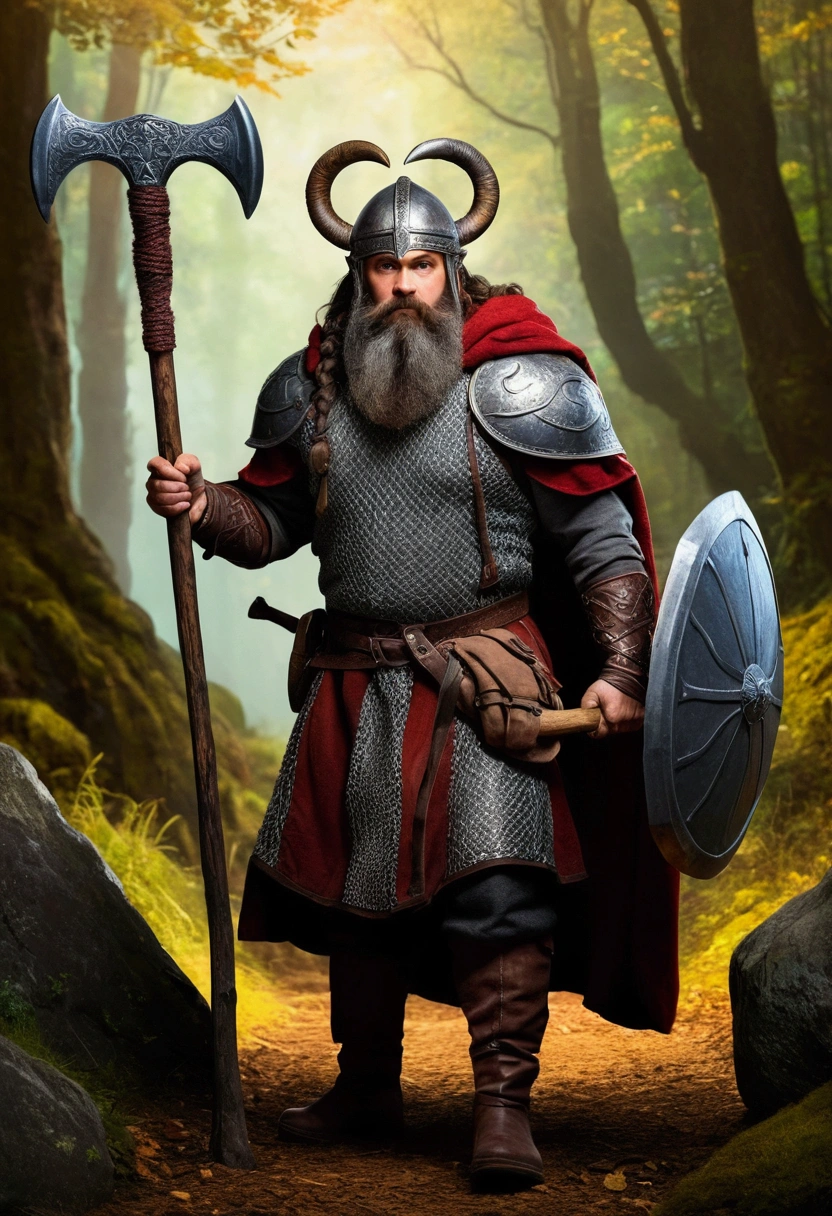 man, dwarf, short and muscular build, long dark braided hair and beard, coat of chainmail, helmet on head, fur cloak, mattock (pickaxe) in hand, merchant attire, Lord of the Rings artstyle, Gimil inspired, stoic expression, dramatic lighting, vibrant colors, full body art, forest background, riding a giant goat