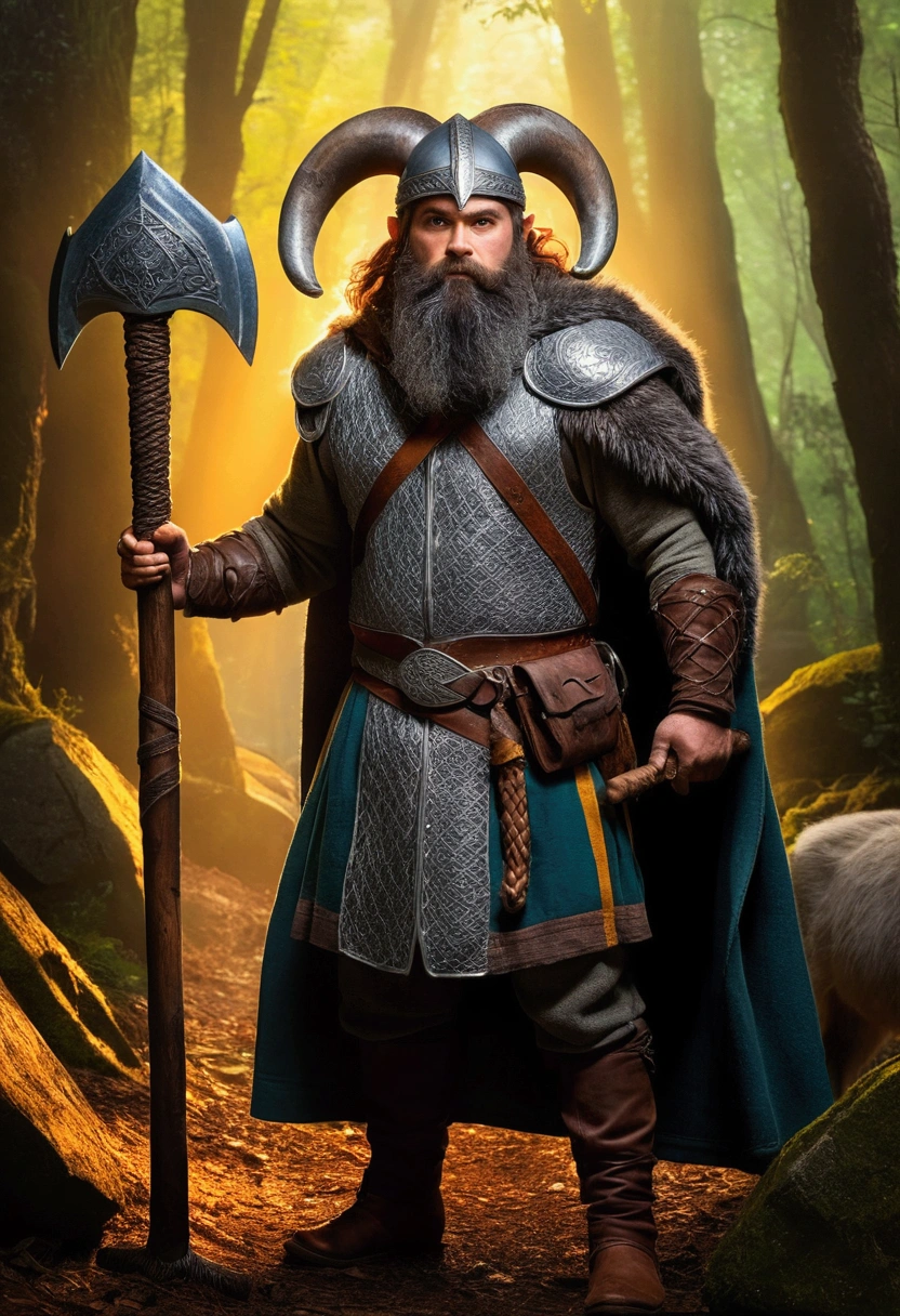 man, dwarf, short and muscular build, long dark braided hair and beard, coat of chainmail, helmet on head, fur cloak, mattock (pickaxe) in hand, merchant attire, Lord of the Rings artstyle, Gimil inspired, stoic expression, dramatic lighting, vibrant colors, full body art, forest background, riding a giant goat