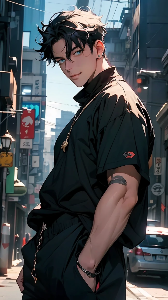 highest quality, 8K, high resolution image, anime style Jujutsu Kaisen, (Wriothesly/Genshin Impact), detailed strokes, bored look, blurry, purple light reflecting from it, (close angle), 1 man, young, male, model, Hand in pocket, Cool guy, multicolored background with different geometric shapes, around stickers, muscular, black hair, aqua eyes, multicolored hair, gray hair, hair between eyes, highlighted hair, puffy chest. He is wearing a white Collared shirt, sleeves rolled up, suit and black sweatpants, black sweatpants and a gold link chain, sweatpants, background: big city, street