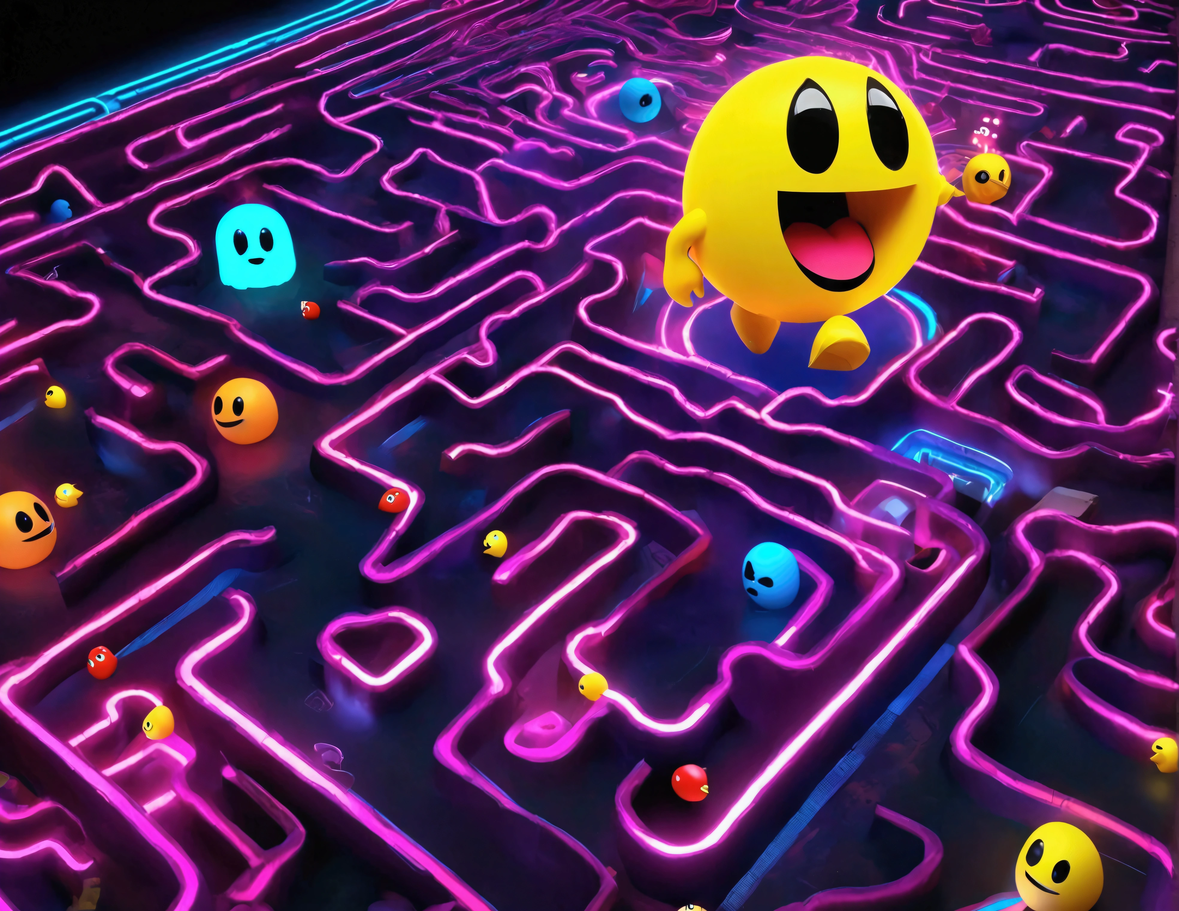 a dynamic and vibrant video game character pac man, chasing after beautiful, sexy, busty Malaysian ghosts through a vibrant, neon-lit maze,(best quality,4k,8k,highres,masterpiece:1.2),ultra-detailed,(realistic,photorealistic,photo-realistic:1.37),dynamic composition,cinematic lighting,highly detailed,videogame,8k,concept art,colorful,vibrant colors,(neon:1.2),hyper detailed,intricate background,complex maze patterns,glowing ghosts,dramatic poses,whimsical,playful