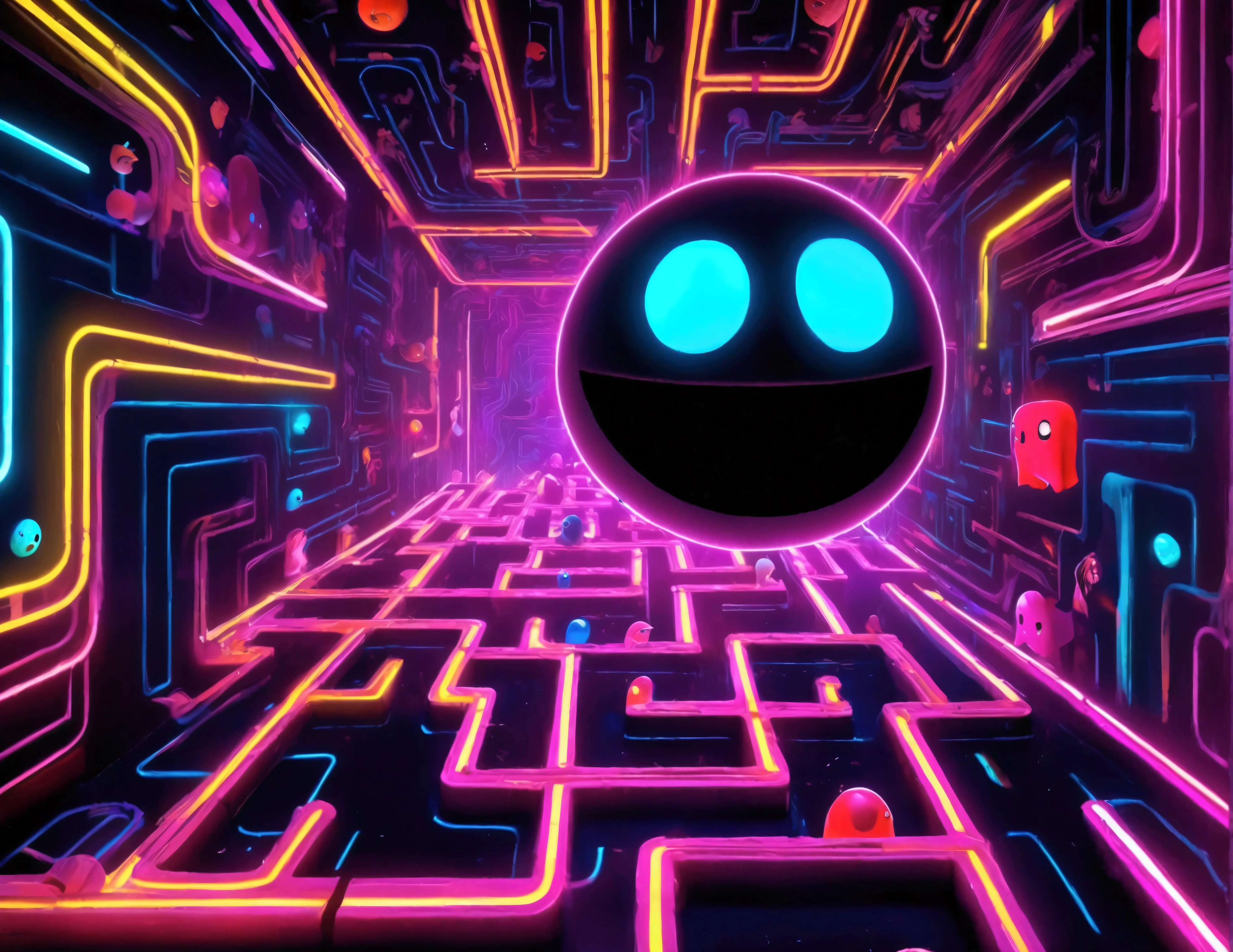 a dynamic and vibrant video game character pac man, chasing after beautiful, sexy, busty Malaysian ghosts through a vibrant, neon-lit maze,(best quality,4k,8k,highres,masterpiece:1.2),ultra-detailed,(realistic,photorealistic,photo-realistic:1.37),dynamic composition,cinematic lighting,highly detailed,videogame,8k,concept art,colorful,vibrant colors,(neon:1.2),hyper detailed,intricate background,complex maze patterns,glowing ghosts,dramatic poses,whimsical,playful
