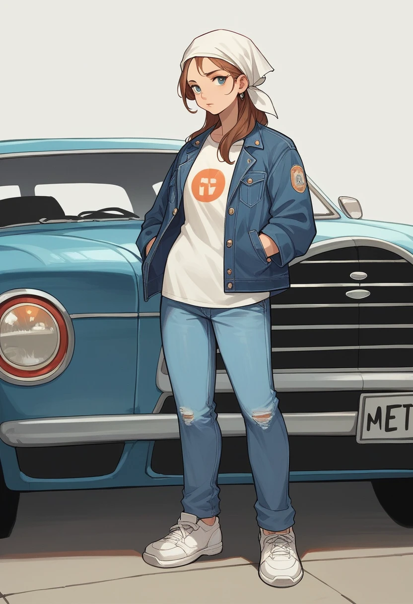 A 24-year-old Arab girl wearing a headscarf stands confidently next to a classic car, her hands tucked in her pockets. She's wearing a blue denim jacket over a white T-shirt and light blue jeans, with white sneakers completing the look. The car behind him is an iconic model from the 1960s, its vintage charm highlighted by its beige color and round headlights.