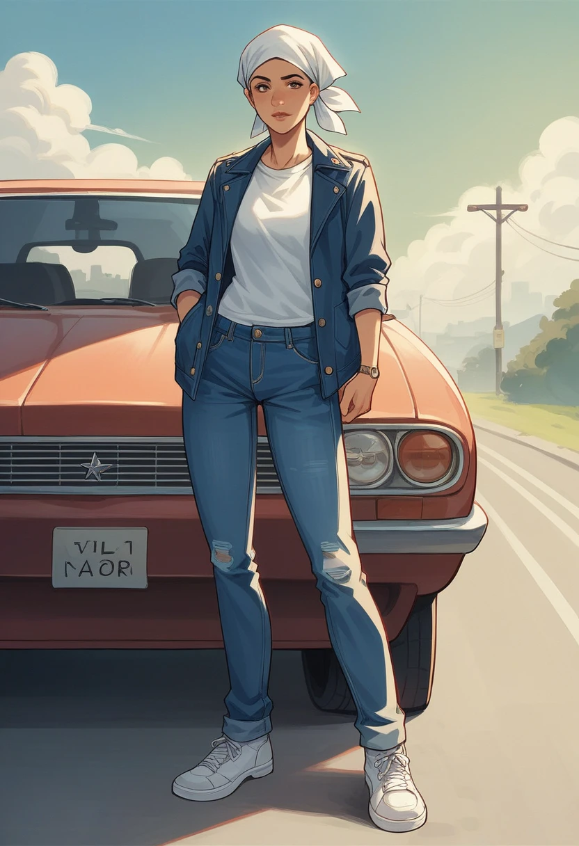 A 24-year-old Arab girl wearing a headscarf stands confidently next to a classic car, her hands tucked in her pockets. She's wearing a blue denim jacket over a white T-shirt and light blue jeans, with white sneakers completing the look. The car behind him is an iconic model from the 1960s, its vintage charm highlighted by its beige color and round headlights.