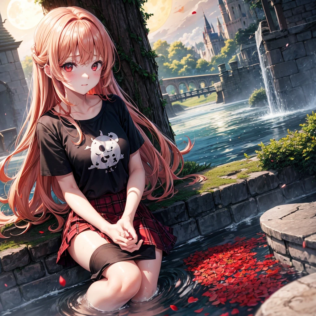Red-blonde、Red eyes、One cute girl、solo、And soul、Light clothing、Checked mini skirt、petal、Wet hair、Sit on、black t-shirts、large tree、cloud、full moon、monster castle、lanthanum、Hell&#39;s Gate、Craft Gatekeeper、barefoot、Stones are piled up、Devil、Teeth are visible