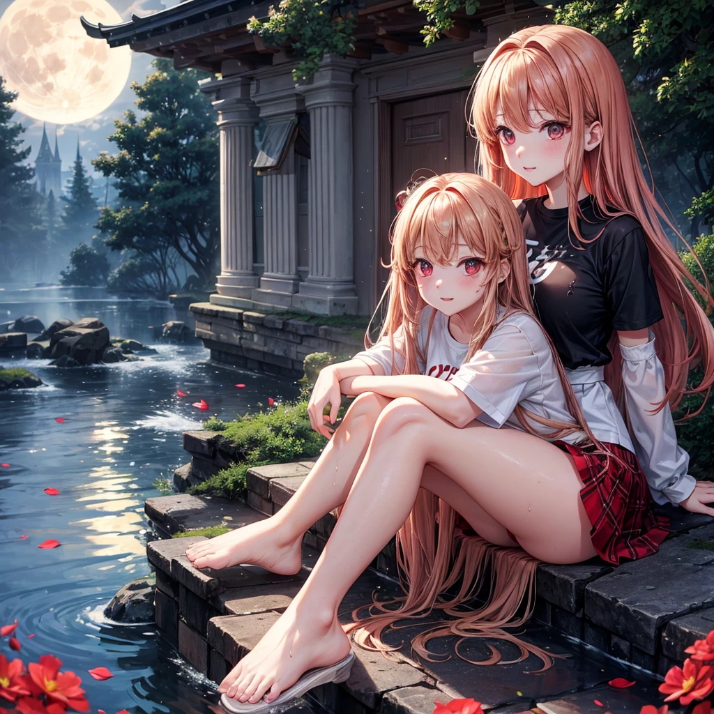 Red-blonde、Red eyes、One cute girl、solo、And soul、Light clothing、Checked mini skirt、petal、Wet hair、Sit on、black t-shirts、large tree、cloud、full moon、monster castle、lanthanum、Hell's Gate、Craft Gatekeeper、barefoot、Stones are piled up、Devil、Teeth are visible