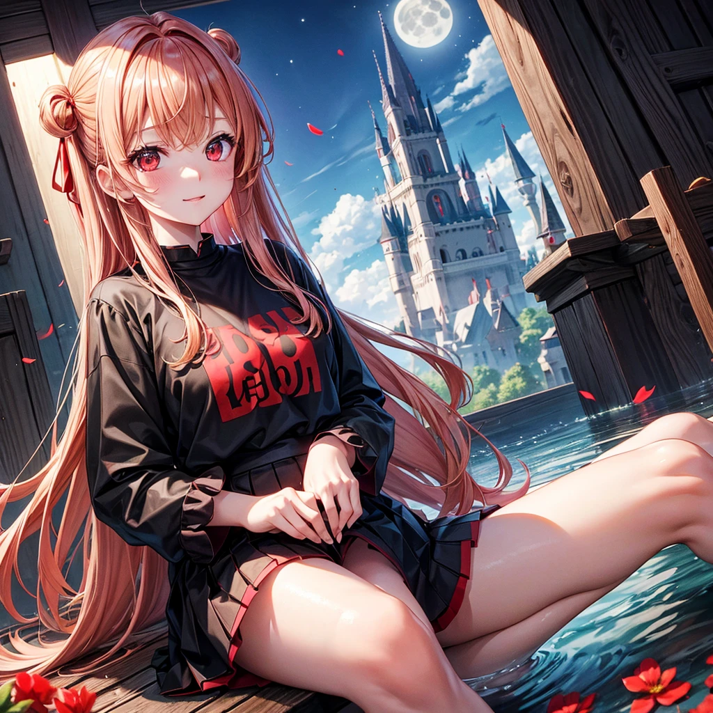 Red-blonde、Red eyes、One cute girl、solo、And soul、Light clothing、Checked mini skirt、petal、Wet hair、Sit on、black t-shirts、large tree、cloud、full moon、monster castle、lanthanum、Hell&#39;s Gate、Craft Gatekeeper、barefoot、Stones are piled up、Devil、Teeth are visible