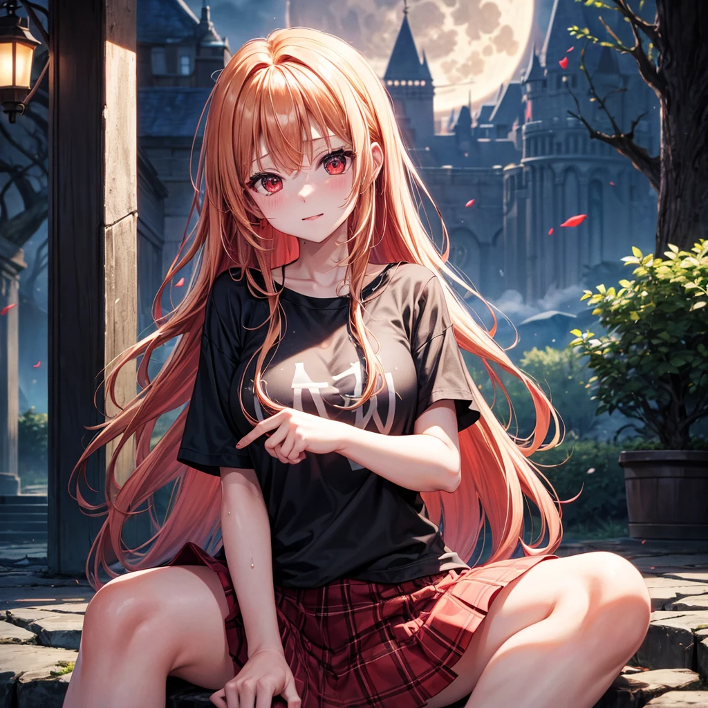 Red-blonde、Red eyes、One cute girl、solo、And soul、Light clothing、Checked mini skirt、petal、Wet hair、Sit on、black t-shirts、large tree、cloud、full moon、monster castle、lanthanum、Hell's Gate、Craft Gatekeeper、barefoot、Stones are piled up、Devil、Teeth are visible