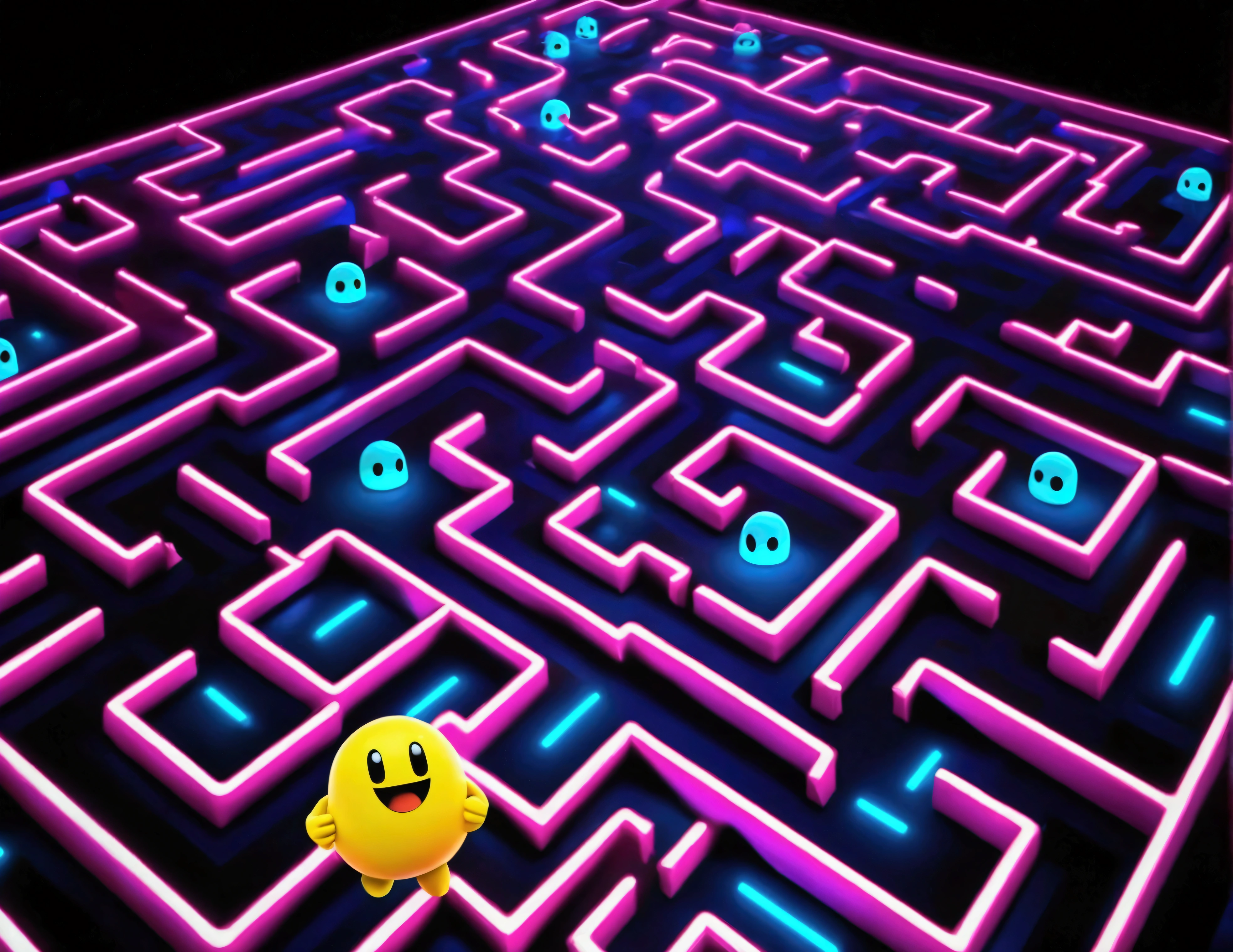 a dynamic and vibrant video game character pac man, chasing after beautiful, sexy, busty Malaysian ghosts through a vibrant, neon-lit maze,(best quality,4k,8k,highres,masterpiece:1.2),ultra-detailed,(realistic,photorealistic,photo-realistic:1.37),dynamic composition,cinematic lighting,highly detailed,videogame,8k,concept art,colorful,vibrant colors,(neon:1.2),hyper detailed,intricate background,complex maze patterns,glowing ghosts,dramatic poses,whimsical,playful