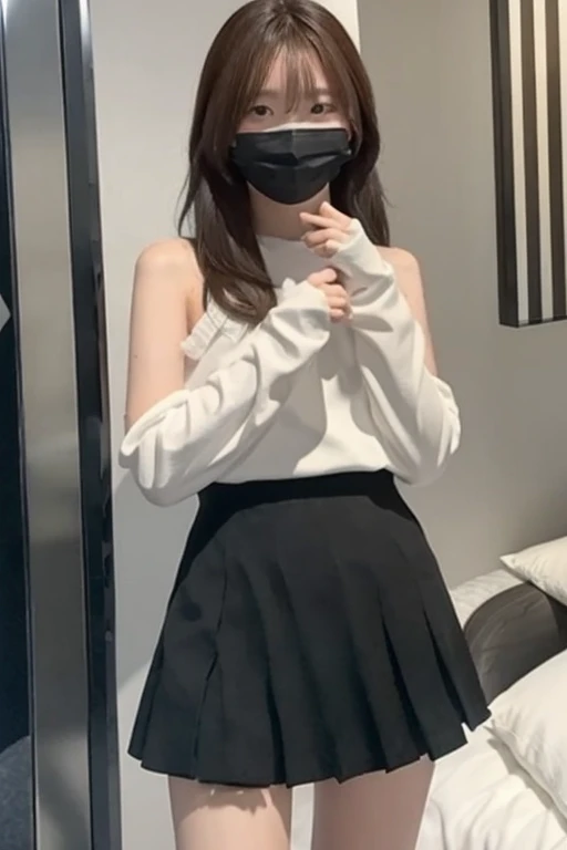 Gravure idol pose　Hotel　bed　high resolution　Not too small bust　Skirts should be shortened　Beautiful legs　Height: 153cm　Wearing a mask