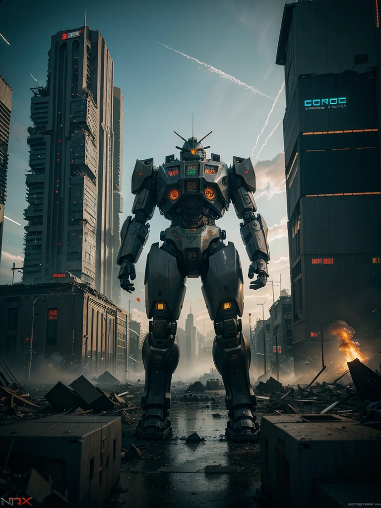 Landscape image of a large robot in a city with destroyed buildings, giant mech, destroyed city , apoclapes, robot destroying city , deep cyberpunk mechanoid, advanced digital cyberpunk art, giant robot mech, robot city ruins, anime mecha aesthetic, cyberpunk dark fantasy art, hq 4k phone wallpaper, cyberpunk mechanoid, sci-fi digital art, epic fantasy sci fi illustration, cinematic 4k wallpaper