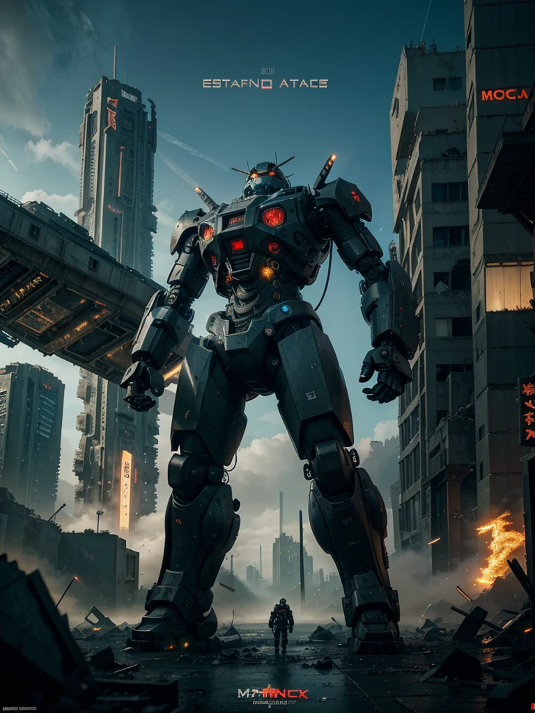 Landscape image of a large robot in a city with destroyed buildings, giant mech, destroyed city , apoclapes, robot destroying city , deep cyberpunk mechanoid, advanced digital cyberpunk art, giant robot mech, robot city ruins, anime mecha aesthetic, cyberpunk dark fantasy art, hq 4k phone wallpaper, cyberpunk mechanoid, sci-fi digital art, epic fantasy sci fi illustration, cinematic 4k wallpaper