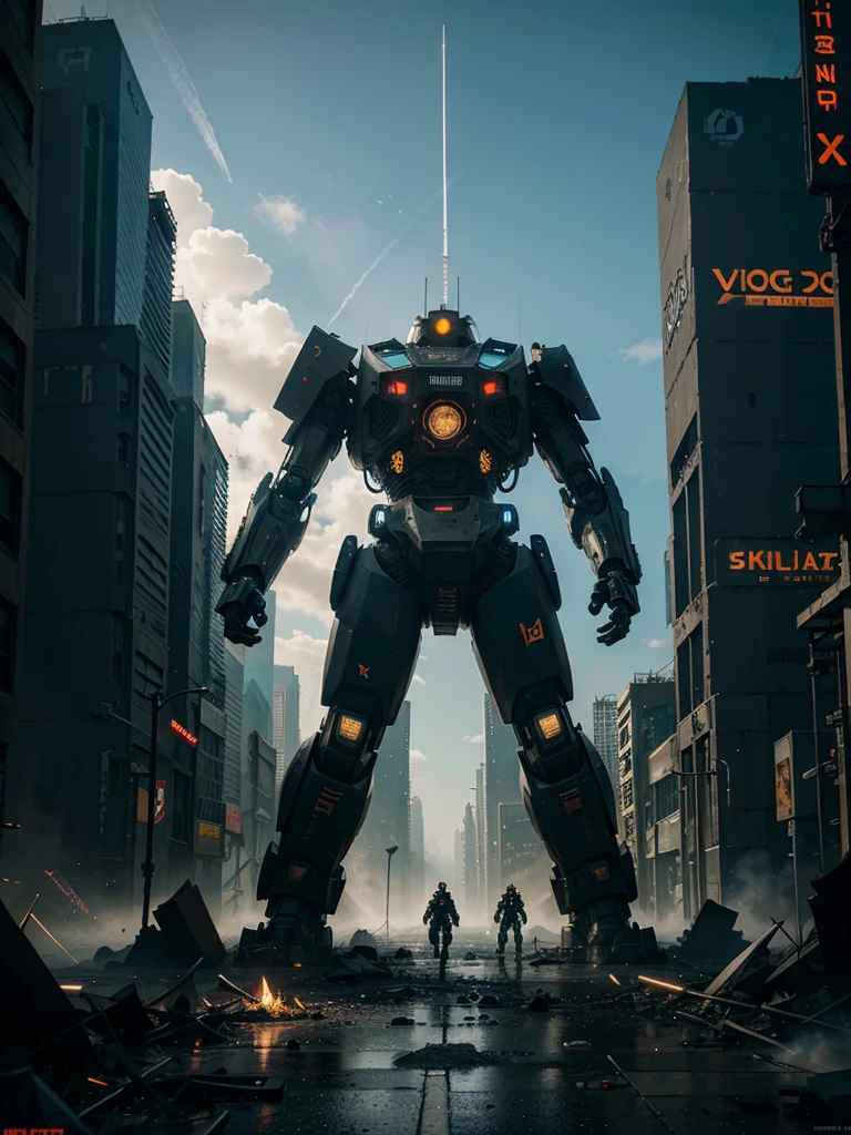 Landscape image of a large robot in a city with destroyed buildings, giant mech, destroyed city , apoclapes, robot destroying city , deep cyberpunk mechanoid, advanced digital cyberpunk art, giant robot mech, robot city ruins, anime mecha aesthetic, cyberpunk dark fantasy art, hq 4k phone wallpaper, cyberpunk mechanoid, sci-fi digital art, epic fantasy sci fi illustration, cinematic 4k wallpaper