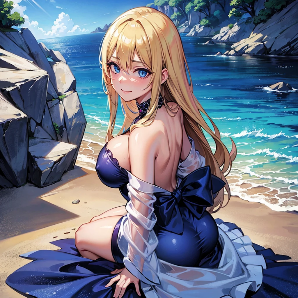 1girl, 独奏, breasts big, hourglass body, gazing at viewer, high resolution, blue colored eyes, Laughter, hair blonde, pretty long hair, hair slicked back, Hair over the shoulder, loose hair, flushed, Laughter, make up, slightly-smile, excited face, ass pov, anime styling, dressed in purple sexy transparent nightgown, lying sideways on the bed, location room suite, dark ambient light, purple sheets