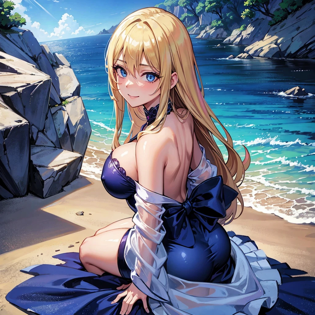 1girl, 独奏, breasts big, hourglass body, gazing at viewer, high resolution, blue colored eyes, Laughter, hair blonde, pretty long hair, hair slicked back, Hair over the shoulder, loose hair, flushed, Laughter, make up, slightly-smile, excited face, ass pov, anime styling, dressed in purple sexy transparent nightgown, lying sideways on the bed, location room suite, dark ambient light, purple sheets