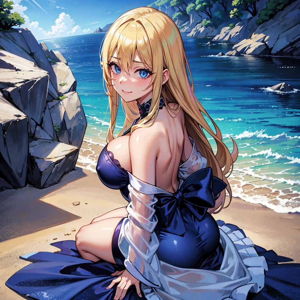 1girl, 独奏, breasts big, hourglass body, gazing at viewer, high resolution, blue colored eyes, Laughter, hair blonde, pretty long hair, hair slicked back, Hair over the shoulder, loose hair, flushed, Laughter, make up, slightly-smile, excited face, ass pov, anime styling, dressed in purple sexy transparent nightgown, lying sideways on the bed, location room suite, dark ambient light, purple sheets