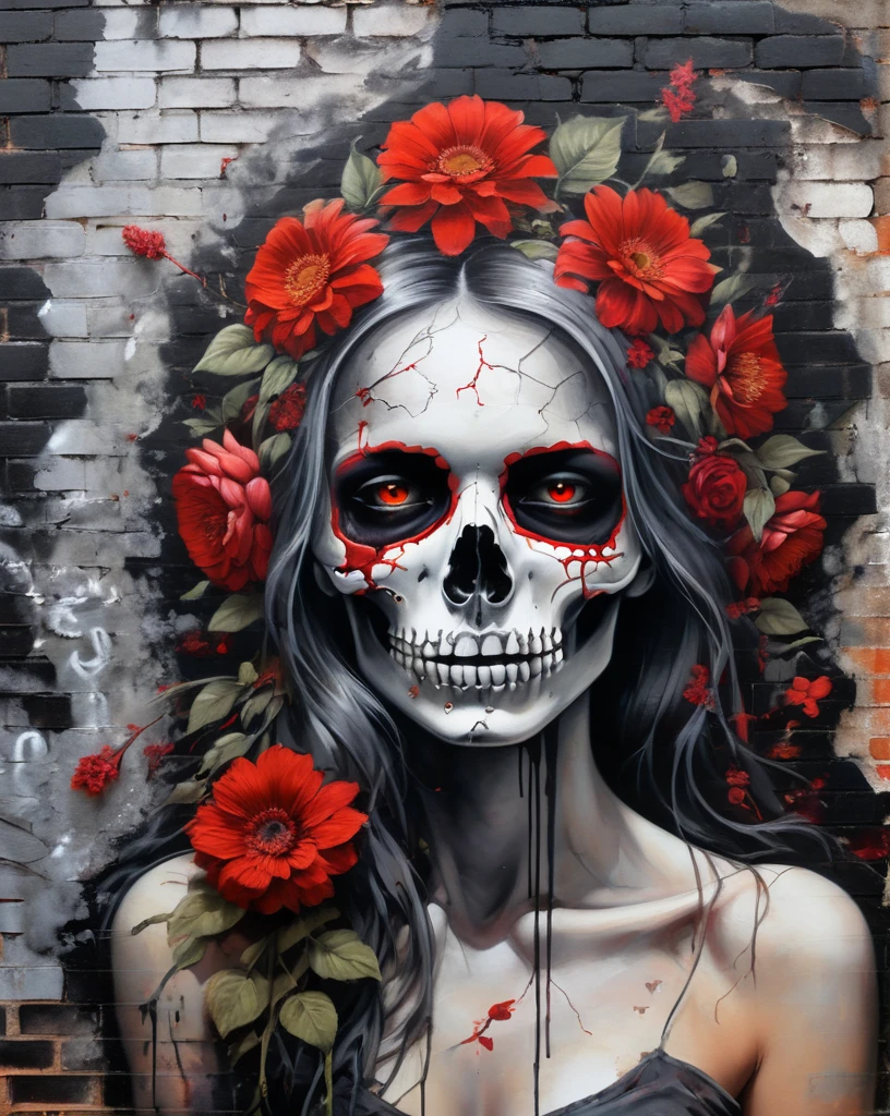 A striking and surreal artwork that juxtaposes life and decay. In the center, a young female face is prominently displayed, rendered in grayscalewith a piercing, fiery red eye that emits a sinister glow. Surrounding the skull, vibrant red flowers bloom, contrasting starkly with the dark and menacing backdrop, creating an eerie atmosphere. The face appears to be superimposed on a crumbling, graffiti-covered brick wall, adding to the overall sense of decay and deterioration. The contrast between the lively flowers and the grim surroundings evokes feelings of mystery, beauty, and the fleeting nature of life. The vivid colors and intricate details capture the viewer's attention, making this an unforgettable piece of art. a masterpiece, realistic touch