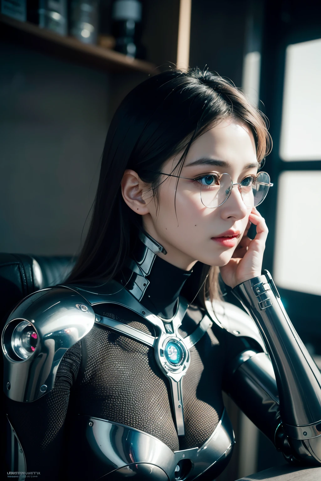 complex 3d render ultra detailed of a beautiful glasses profile woman android face, cyborg, robotic parts, 150 mm, beautiful studio soft light, rim light, vibrant details, luxurious cyberpunk, lace, hyperrealistic, anatomical, facial muscles, cable electric wires, microchip, elegant, beautiful background, octane render, H. R. Giger style, 8k, best quality, masterpiece, illustration, an extremely delicate and beautiful, extremely detailed ,CG ,unity ,wallpaper, (realistic, photo-realistic:1.37),Amazing, finely detail, masterpiece,best quality,official art, extremely detailed CG unity 8k wallpaper, absurdres, incredibly absurdres, robot, silver halmet, full body, sitting,