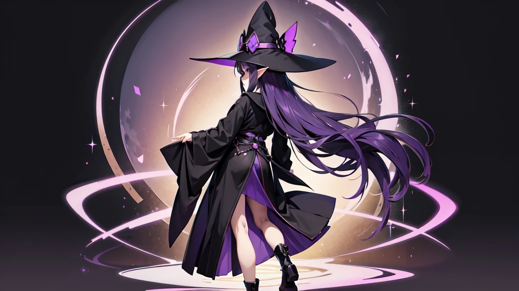 Anime girl with long purple hair and black robe. Witch hat. Pointy ears. Cute as a cartoon. Back view. Full body facing backwards. Her whole body is visible from her head to her feet. Skirt is short.