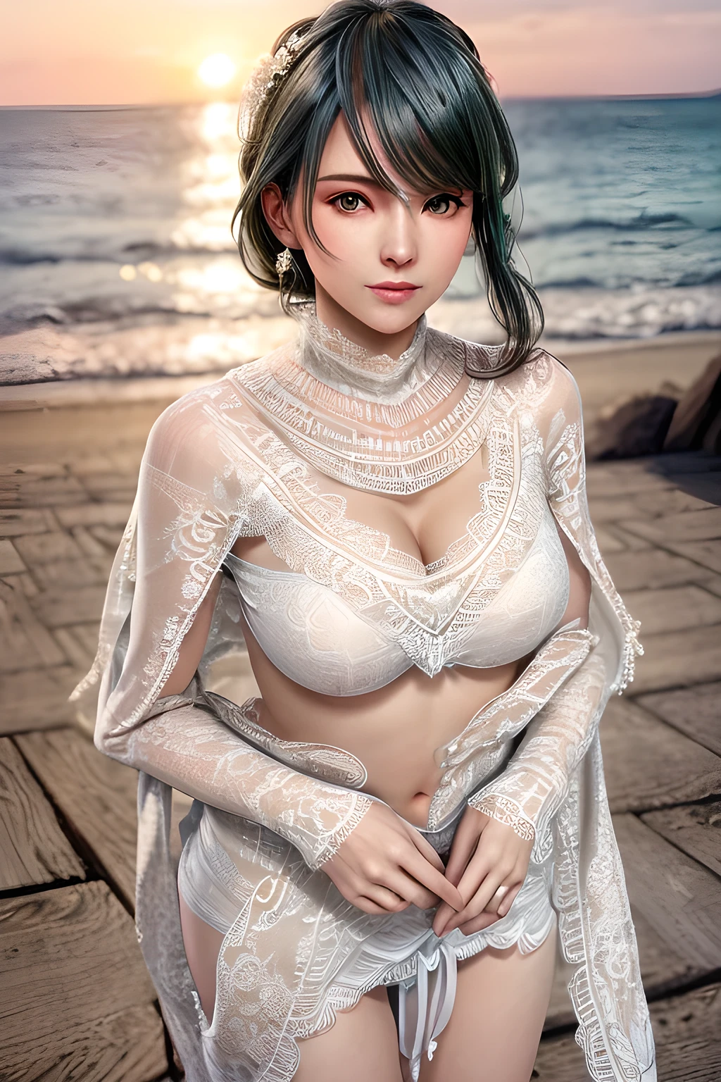 1girl , wearing a wedding dress with (a sweetheart neckline on the upper part:1.2),( a beautiful lace shawl:1.5), and long sleeves that add to her elegance,outdoors,At the seaside at sunset,huge breasts,Tamaki,