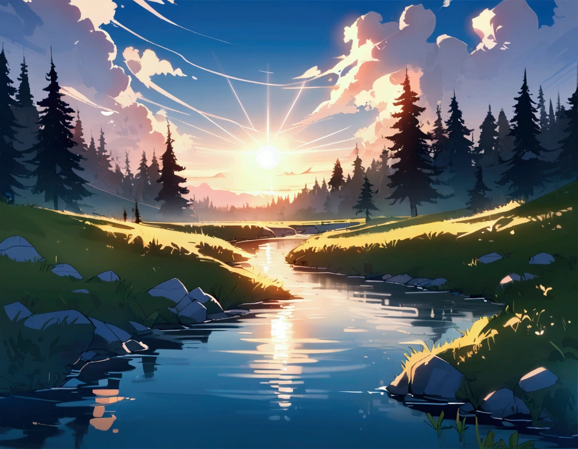 Fantasy,unmanned,background,Beautiful stream,wood々,Bright landscape,Blue sky,White cloud,Light of the sun,Beautiful path,