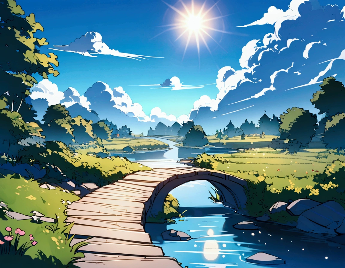 Fantasy,unmanned,background,Beautiful stream,wood々,Bright landscape,Blue sky,White cloud,Light of the sun,Beautiful path,