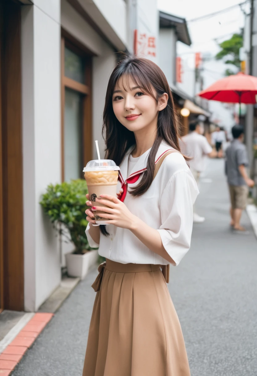 cute 21 year old japanese、Please create an image of a woman giving a takeaway iced Americano..&#39;day.。Super detailed face、pay attention to details、double eyelid、thin and beautiful nose、sharp focus:1.2、Beautiful woman:1.4、(light brown hair,Short hair、),pure white skin、best quality、masterpiece、ultra high resolution、(photoreal:1.4)、Very detailed and professional lighting、nice smile、Show me your whole body、cute summer clothes、Short hair