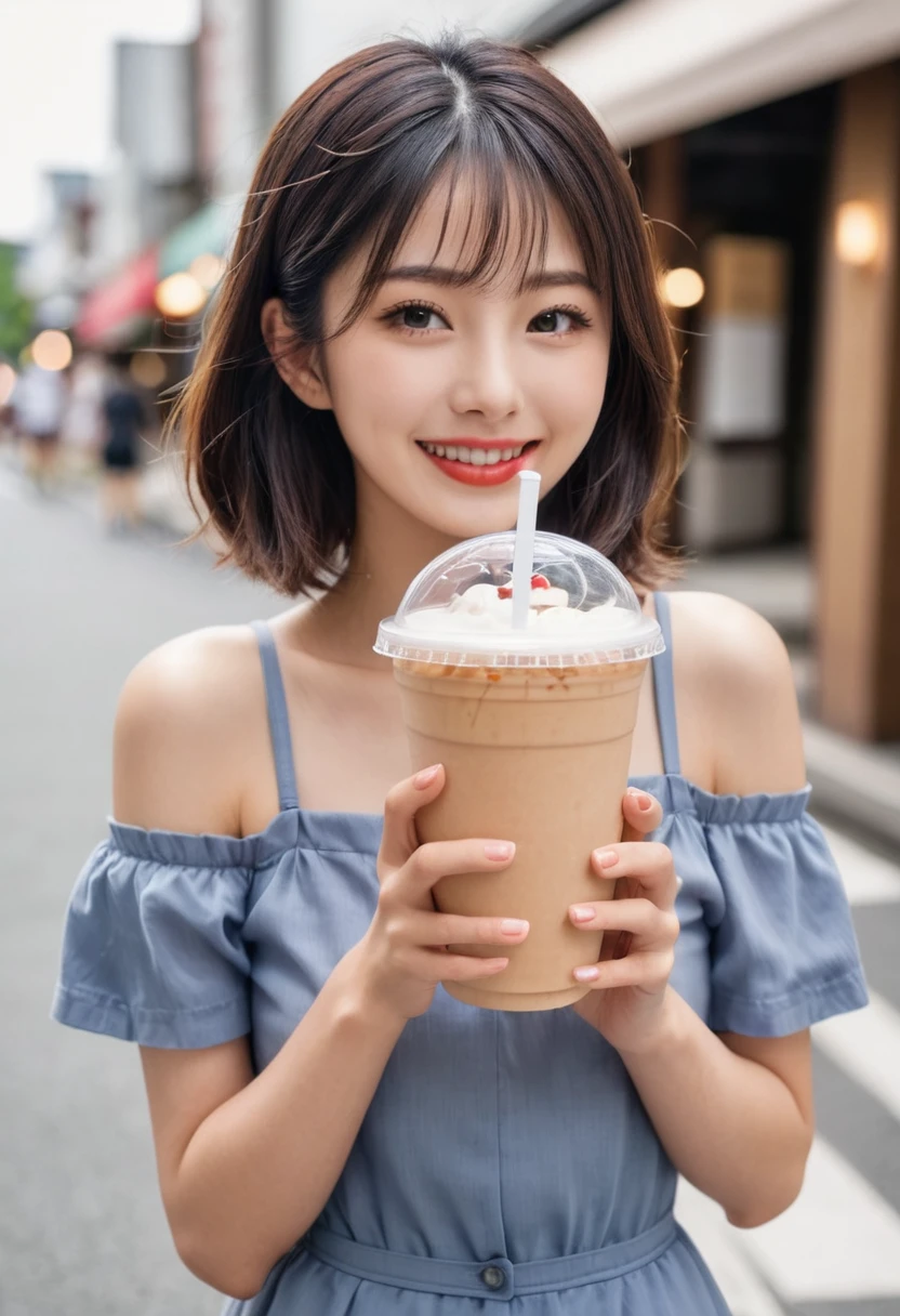 cute 21 year old japanese、Please create an image of a woman giving a takeaway iced Americano..&#39;day.。Super detailed face、pay attention to details、double eyelid、thin and beautiful nose、sharp focus:1.2、Beautiful woman:1.4、(light brown hair,Short hair、),pure white skin、best quality、masterpiece、ultra high resolution、(photoreal:1.4)、Very detailed and professional lighting、nice smile、Show me your whole body、cute summer clothes、Short hair