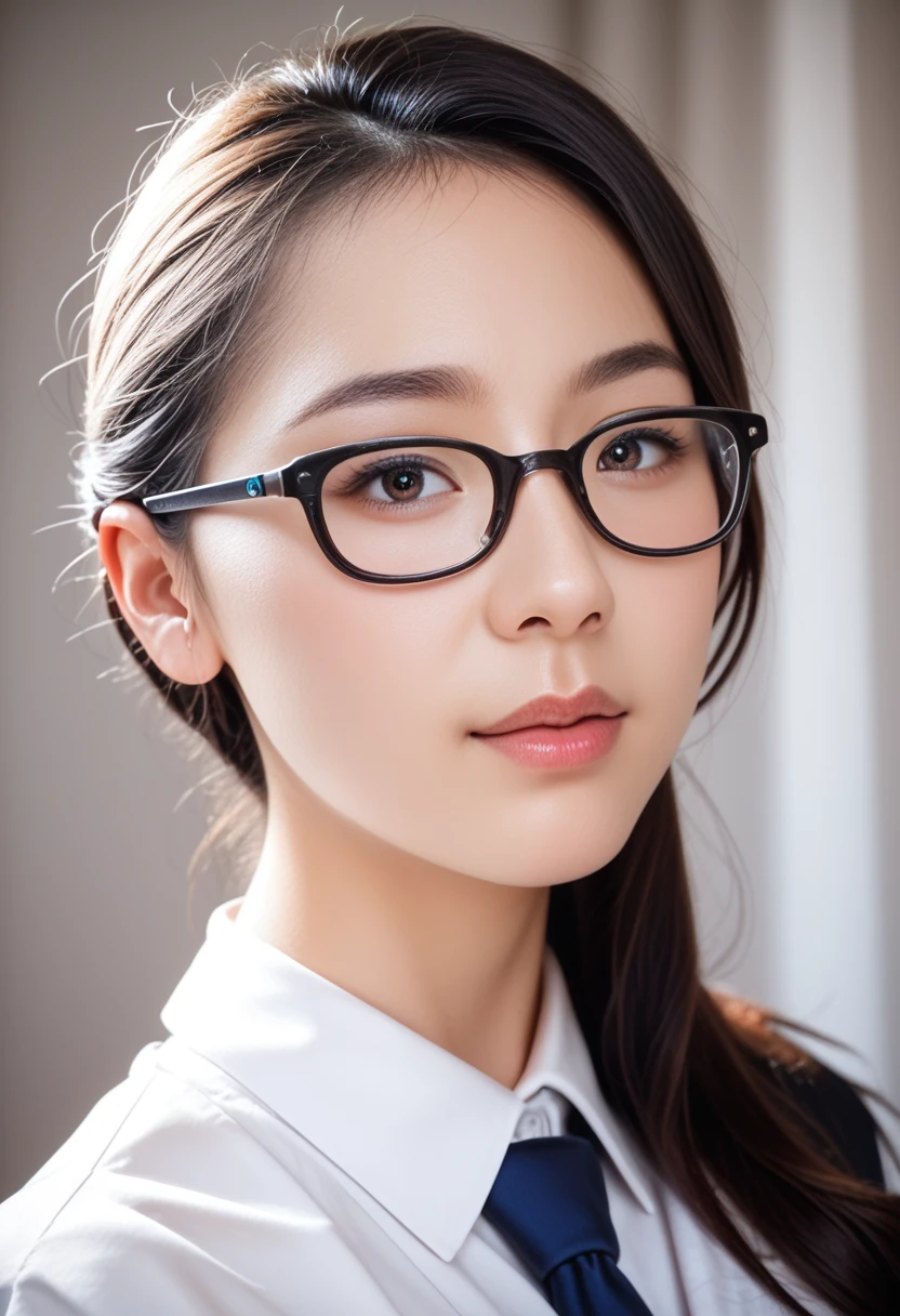 8k, raw photo, best quality, masterpiece, realistic, photo realistic, clear, professional lighting, beautiful face, best quality,ultra high res, realistic japanese beautiful, Super detailed, 1girl, clothed, indoor, looking over eyewear