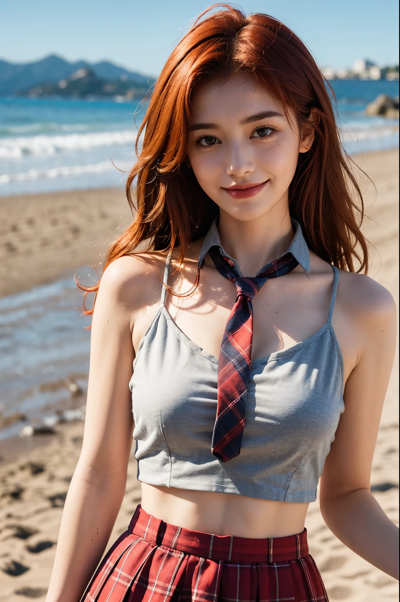 1girl, , ericeria beach, summer vibe, Summer lights, upper body, 8k, RAW photo, best quality, masterpiece,realistic, photo-realistic, (closed smile:1.2), kpop idol makeup, soft smile, curly hair, red hair, red hair, red hair, Such a trendsetter. Prove that plaid looks good year-round in this exclusive School's Cancelled costume featuring a halter top with a plaid trim, a collared plaid neck tie, a hook back closure, and a matching plaid skirt with a ruffled hem.